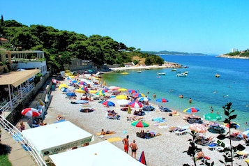 On the beach, sun-loungers, beach umbrellas, snorkelling