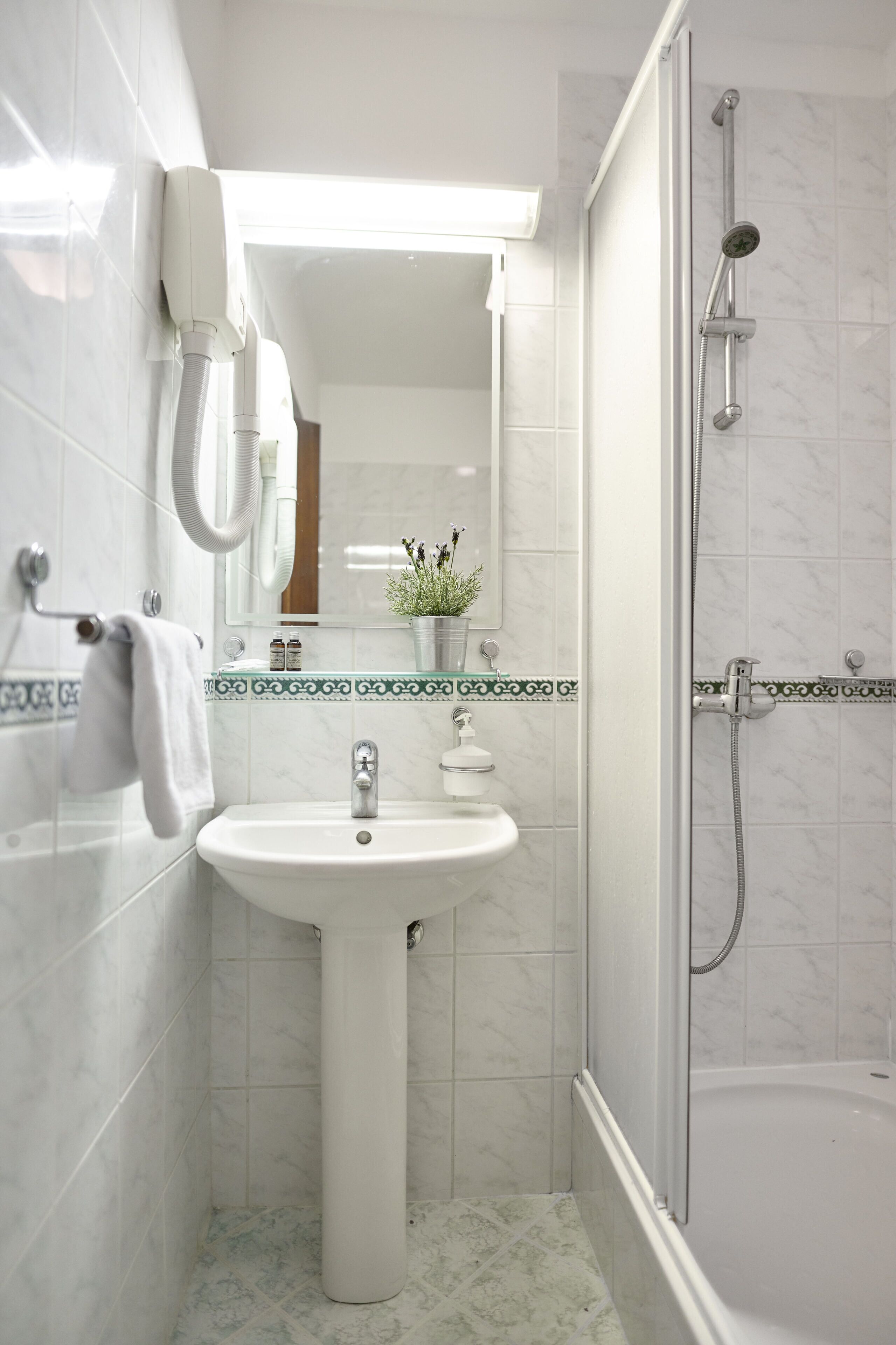 A bathroom with a white pedestal sink, a mirror, a towel rack, a shower with a handheld showerhead, and a small potted plant on the sink.