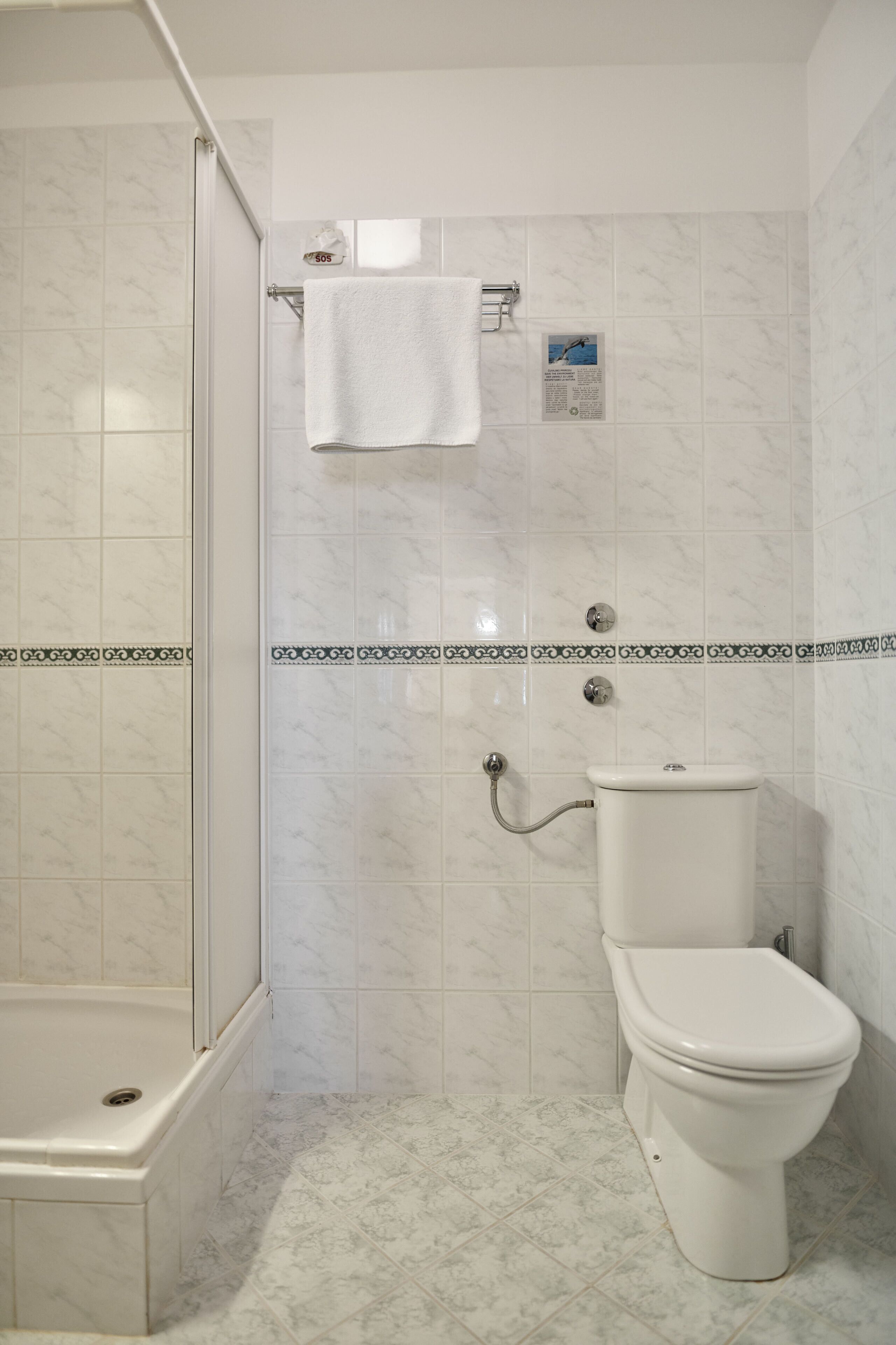 Et badeværelse med bruser, toilet og håndklædestang.