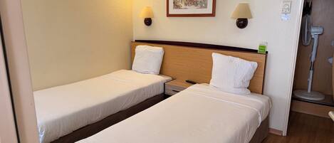 Una habitación de hotel con dos camas individuales, un cabecero de madera, un cuadro enmarcado en la pared y un ventilador de pie.