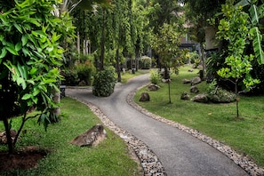Un sendero serpenteante en un jardín con abundante vegetación y grandes rocas.