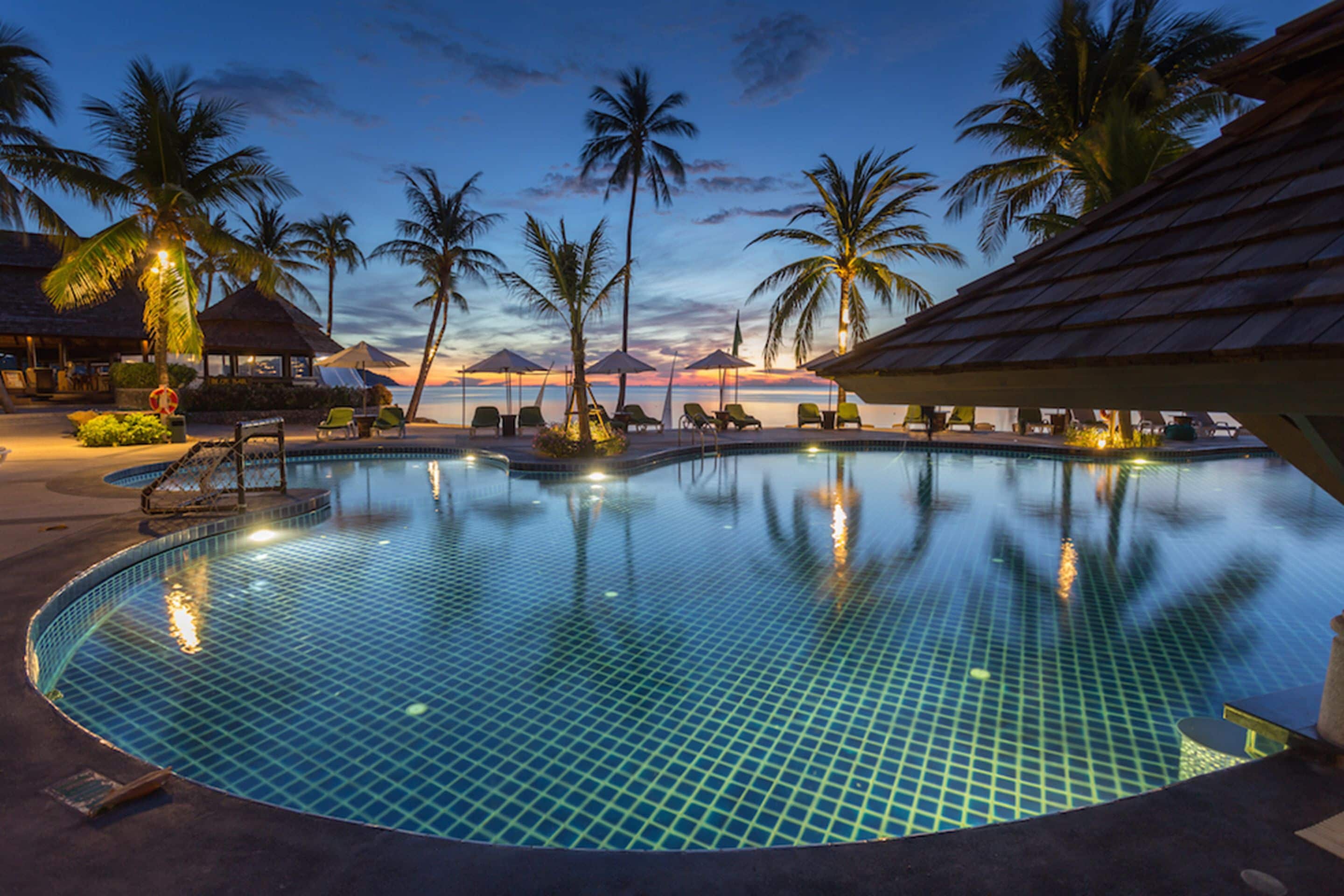 Un espace piscine doté de chaises longues, de palmiers et offrant une vue sur le coucher du soleil.