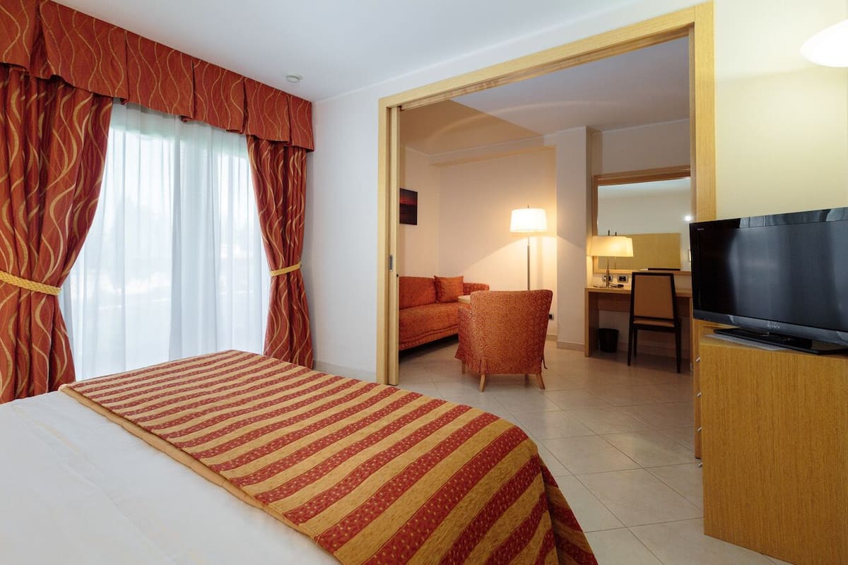 Habitación de hotel con cama, televisión, escritorio y silla.