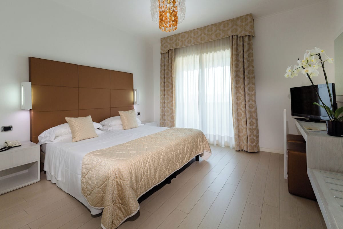 Habitación de hotel con una cama grande, una mesita de noche con lámpara, un televisor y una planta en maceta.