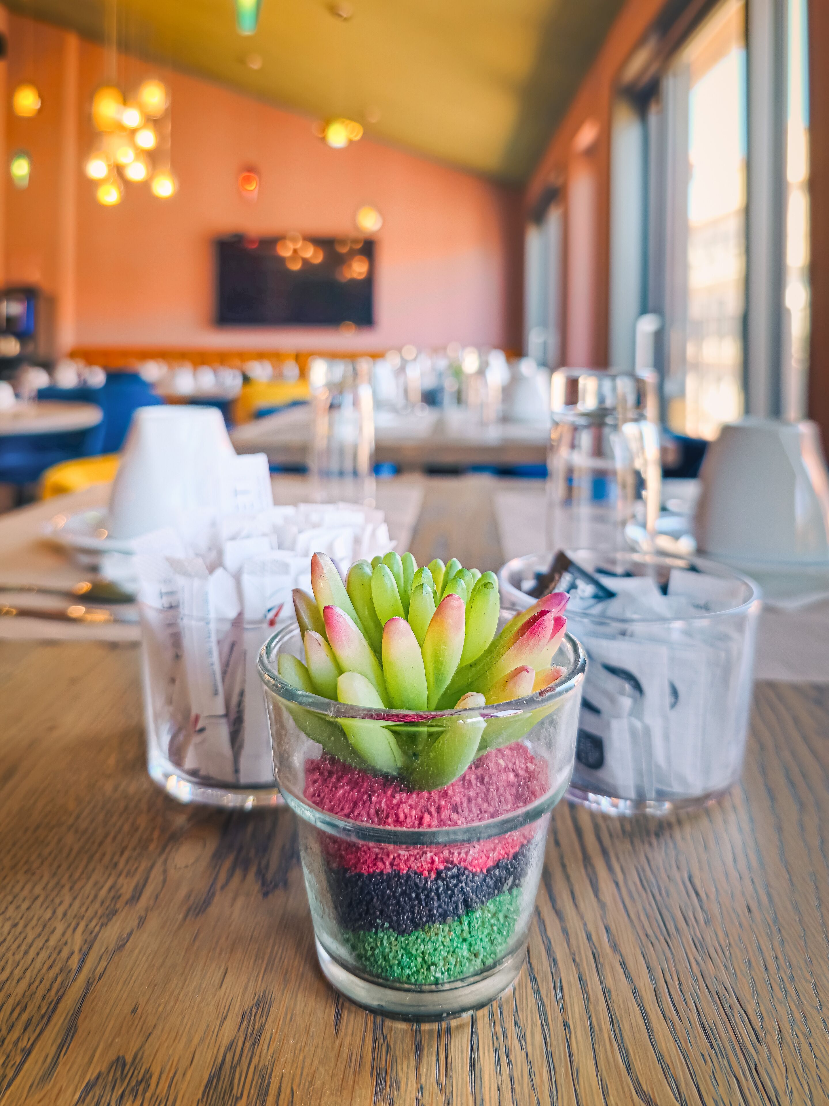 A glass container with a succulent plant on a wooden table in a restaurant.