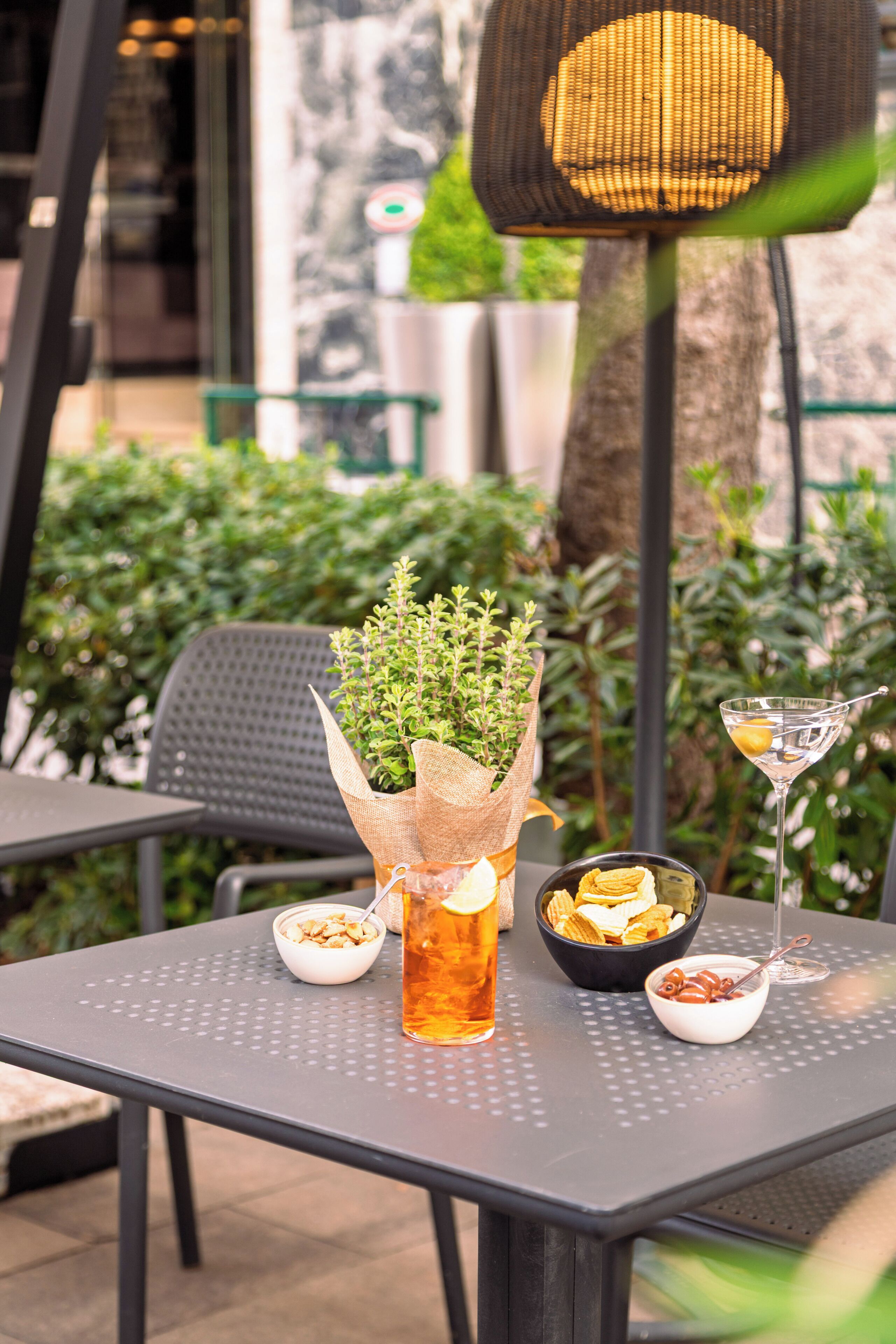 A table with a drink, snacks, and a martini glass, surrounded by greenery and a wicker chair.