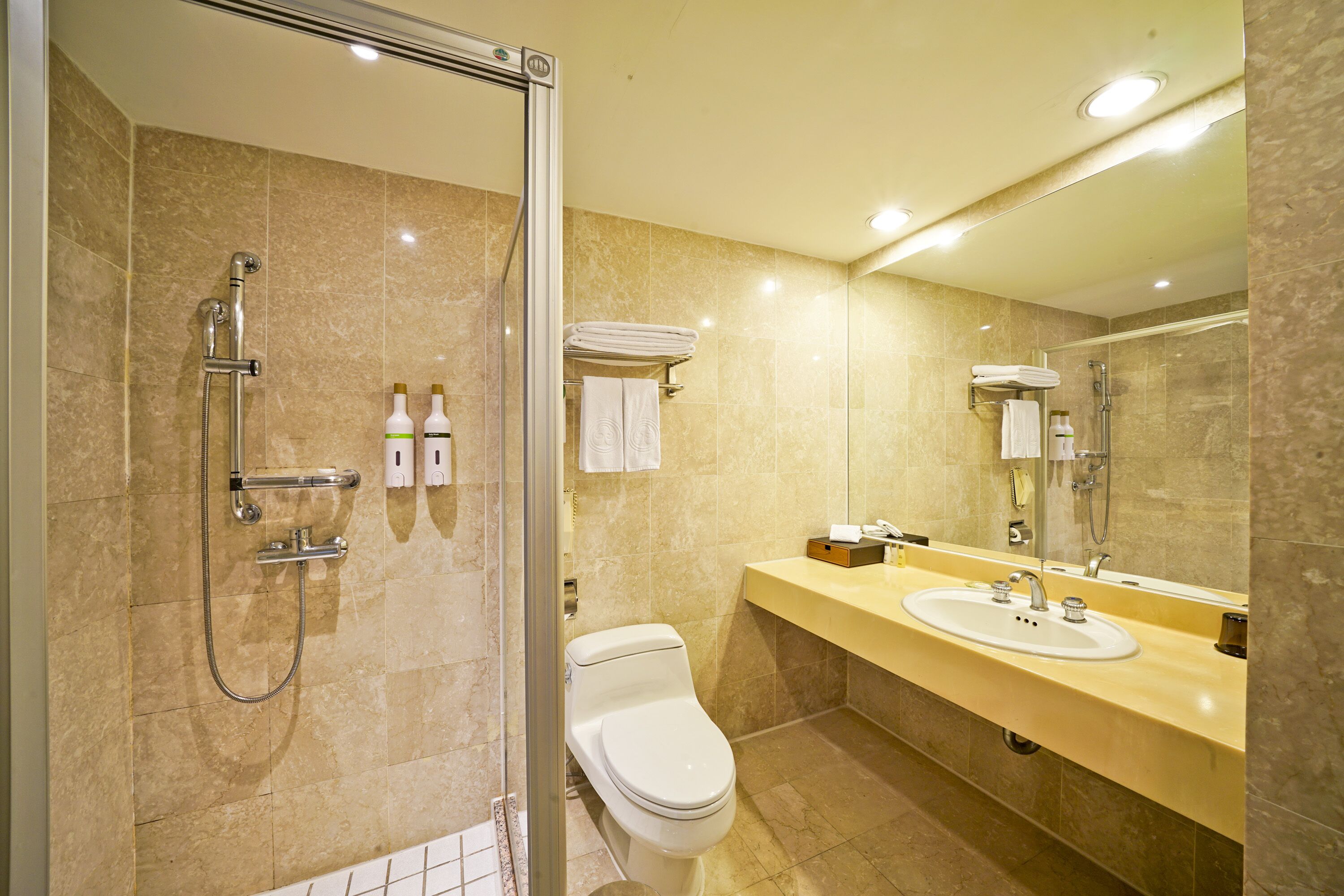 separate bathtub and shower, deep-soaking bathtub, hair dryer, slippers
