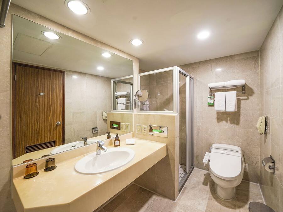 A modern bathroom with a large mirror, a sink, a toilet, and a shower.