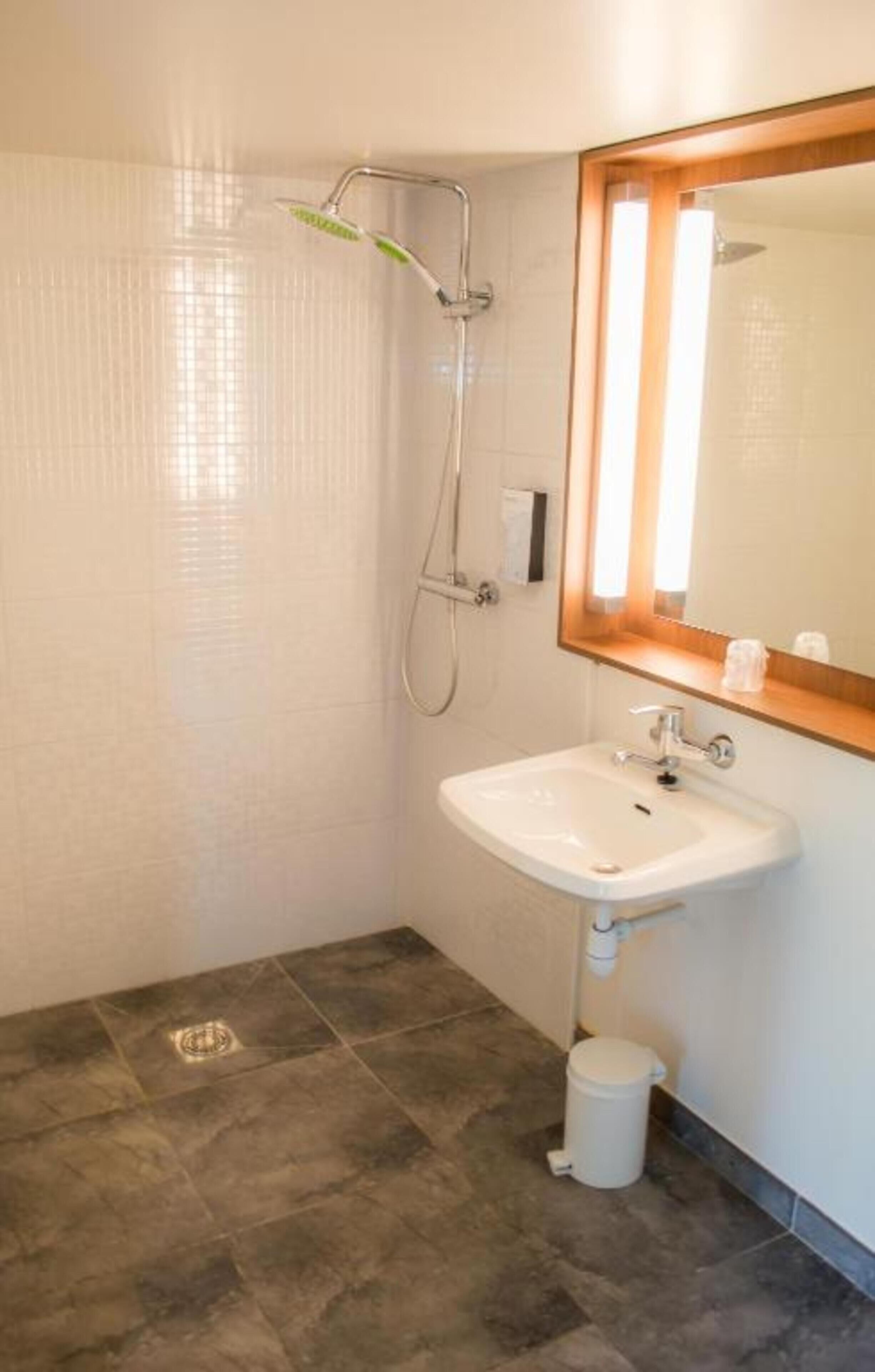A bathroom with a shower, sink, and mirror.