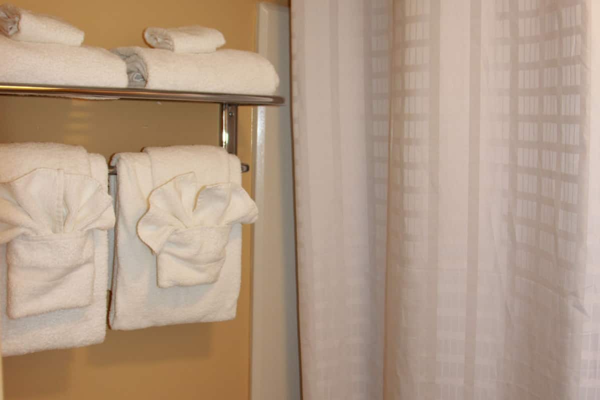 deluxe room | bathroom | combined shower/bathtub, towels
