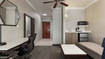 Premium bedding, desk, blackout drapes, iron/ironing board