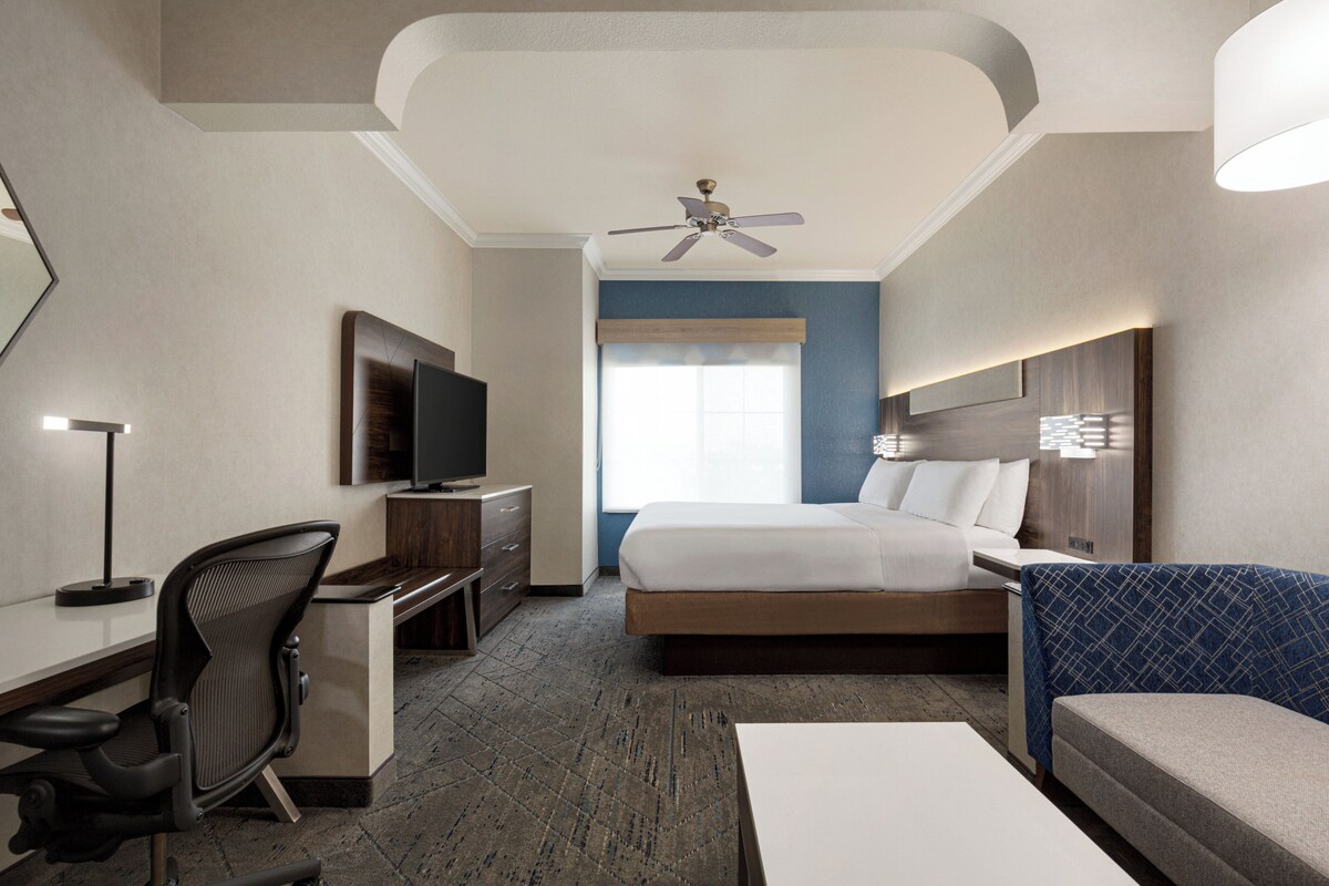 A hotel room with a bed, desk, chair, television, and a ceiling fan.