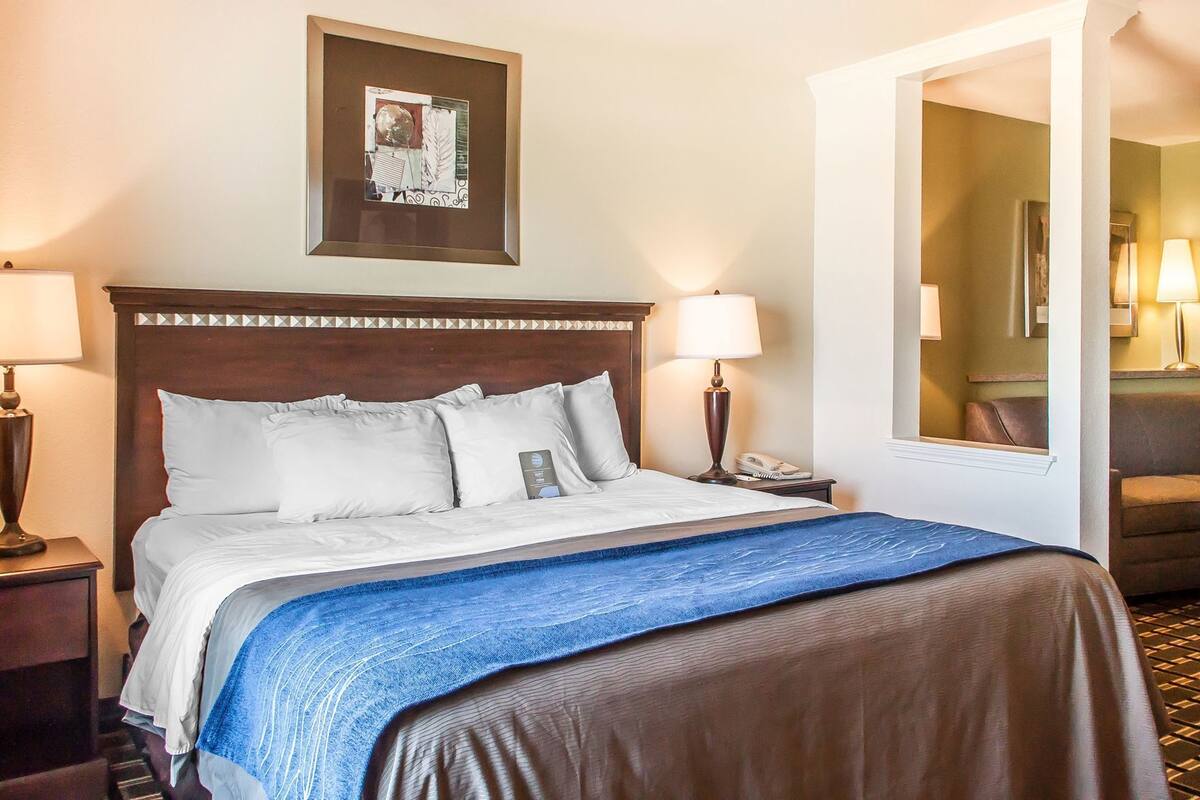 A hotel room with a bed, bedside lamps, a nightstand, a framed picture on the wall, and a mirror in the corner.