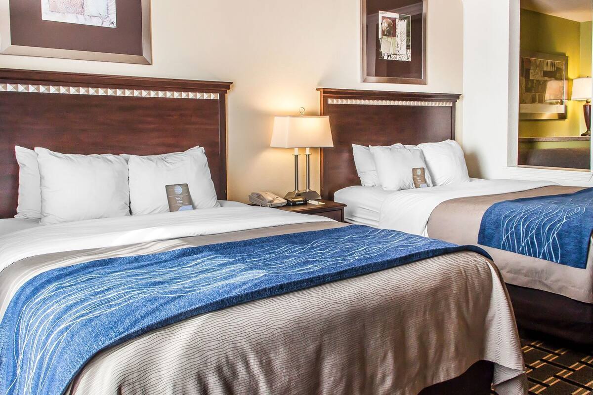 A hotel room with two beds, a nightstand with a lamp, and a mirror on the wall.