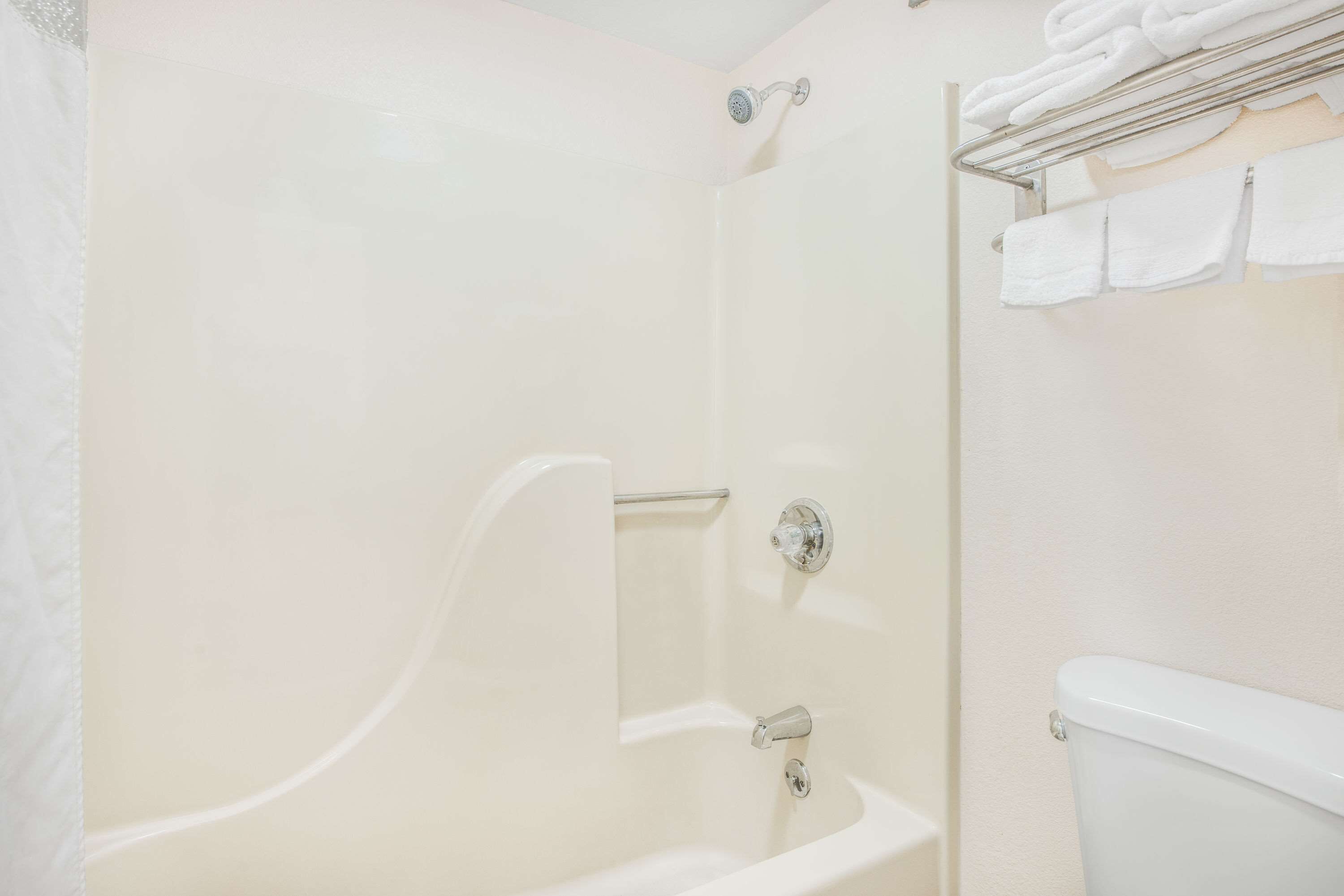 Een badkamer met een bad, douche en toilet.