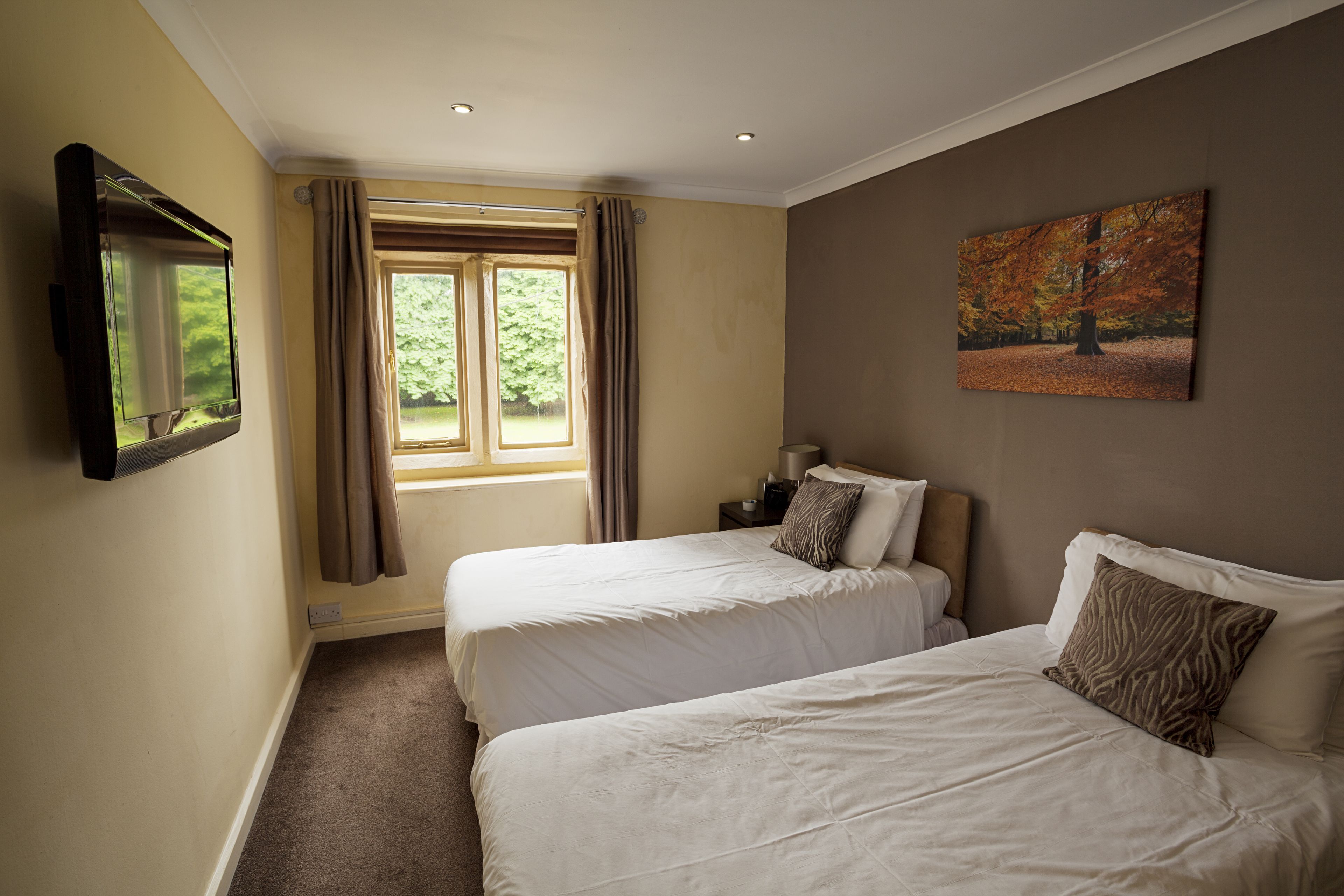 Quarto de hotel com duas camas, televisão de tela plana na parede, janela com cortinas e um quadro na parede.