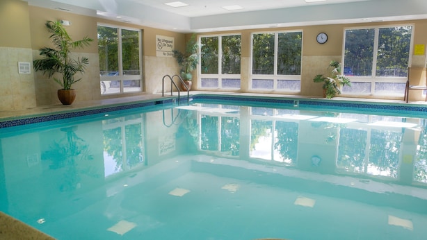 An indoor swimming pool with clear water, surrounded by windows with a view of trees.