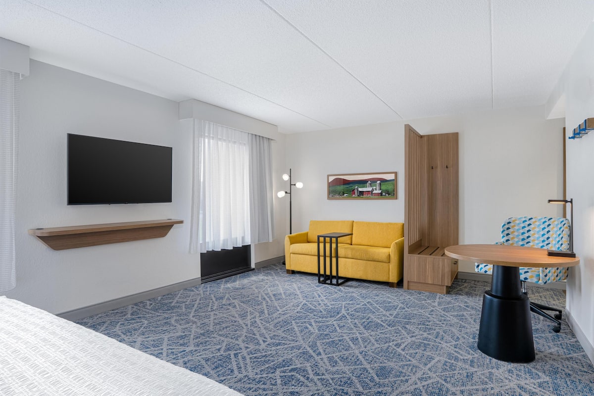 A hotel room with a bed, a TV, a sofa, a small table, a chair, a desk, and a painting on the wall.