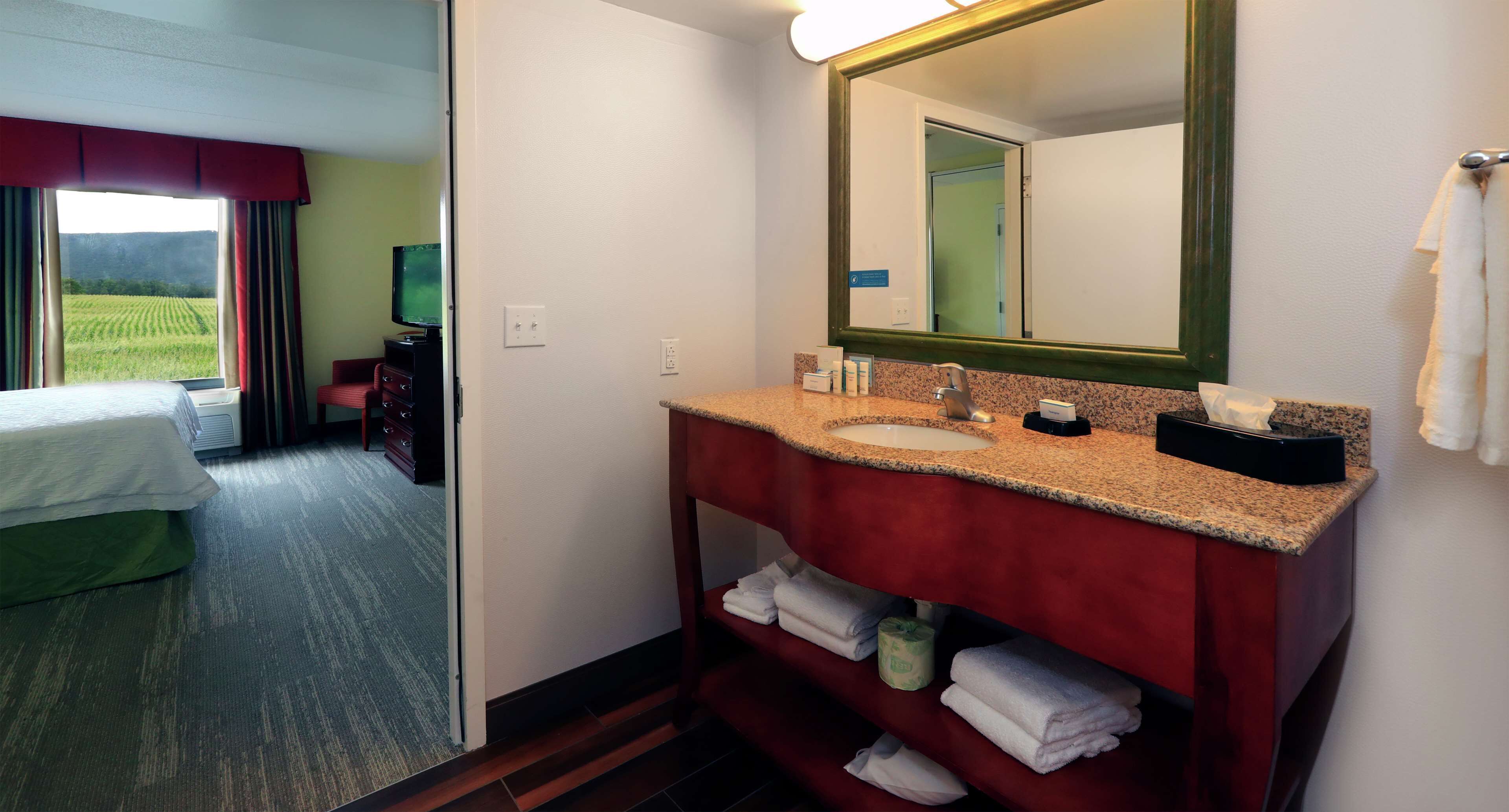 Habitación de hotel con cama, baño con lavamanos y espejo, y vista a un campo verde por la ventana.