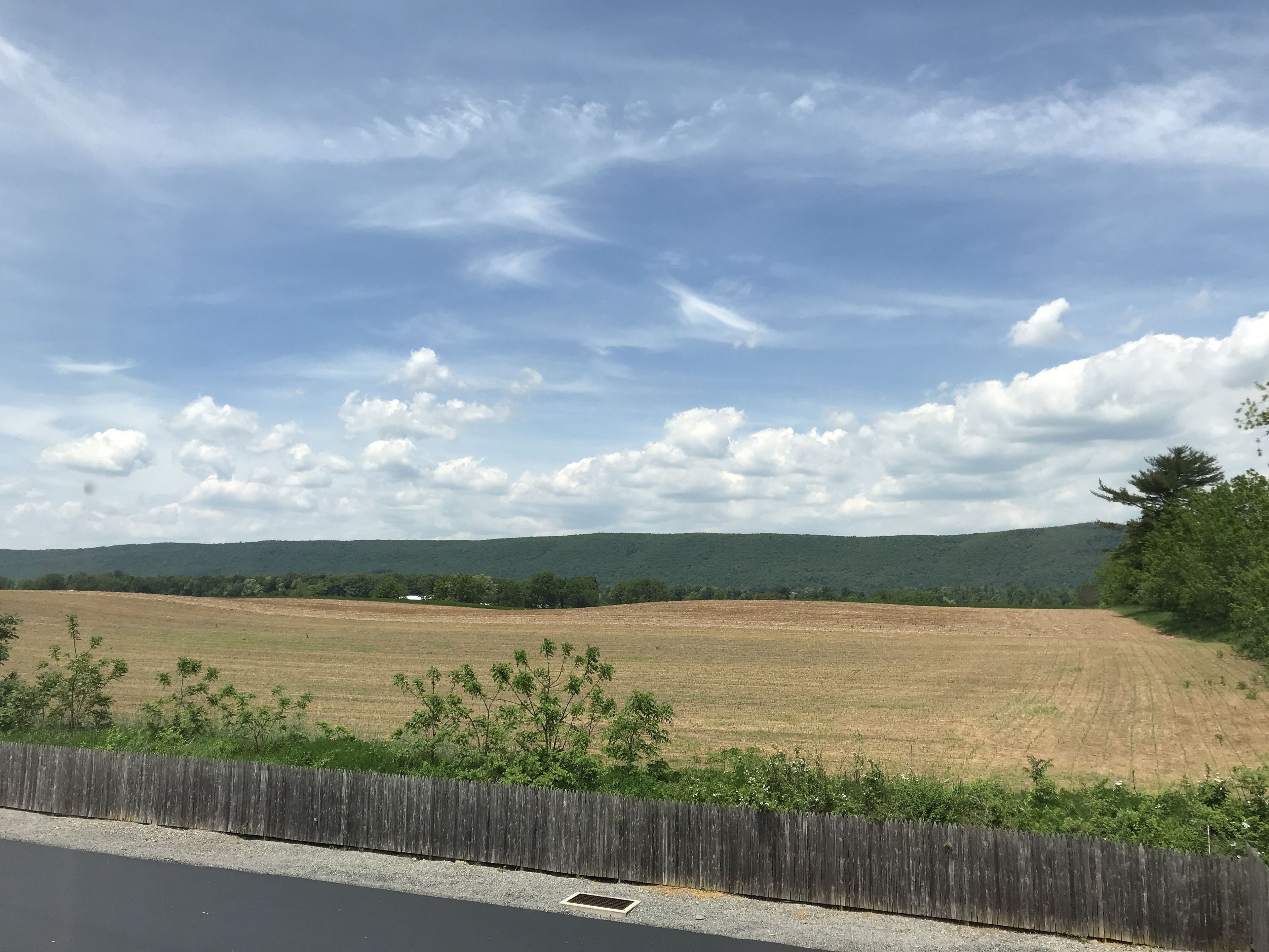 Paisaje rural con una valla de madera, un campo y una colina distante.