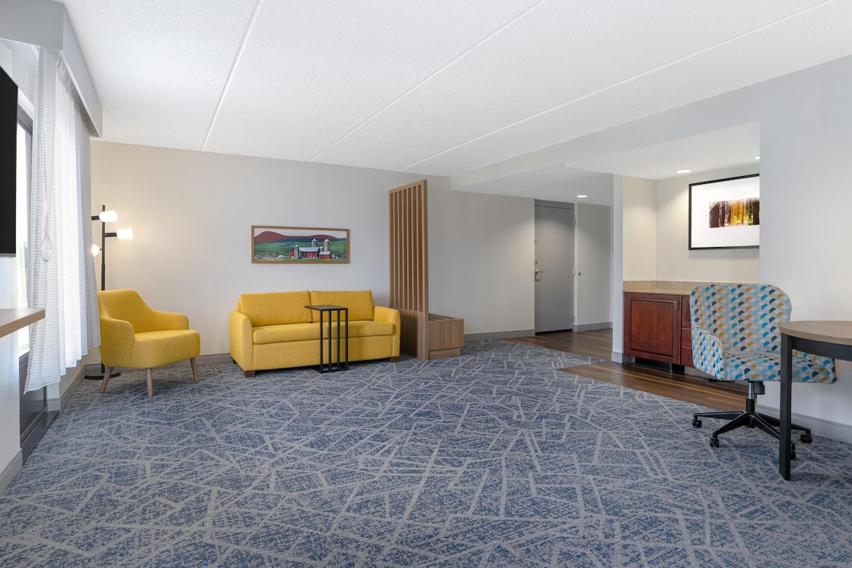 A spacious room with a patterned carpet, a yellow sofa, a wooden cabinet, and a desk with a patterned chair.