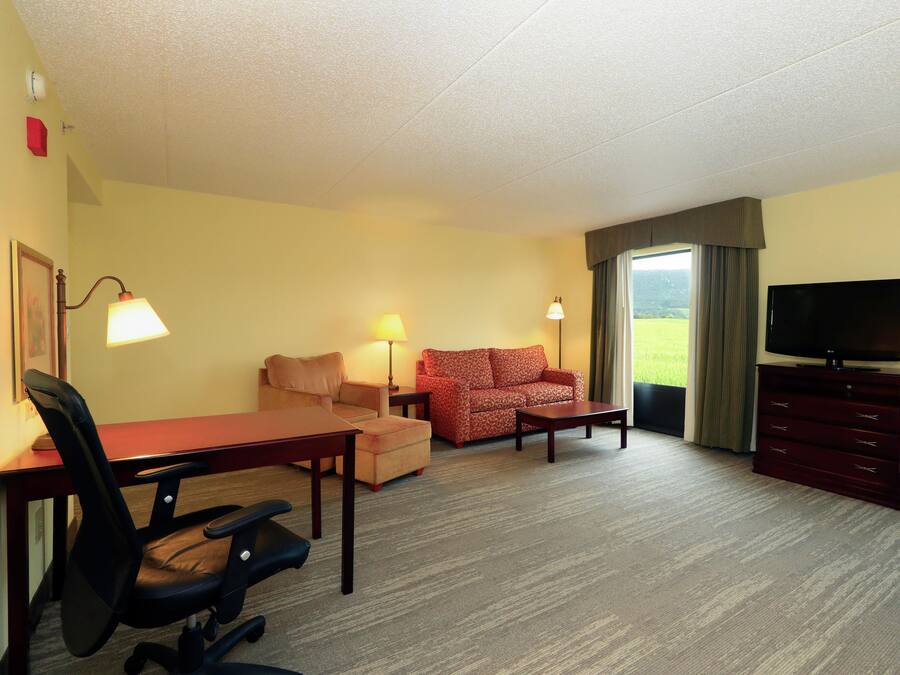 A hotel room with a desk, two chairs, a sofa, a television, and a window with a view.