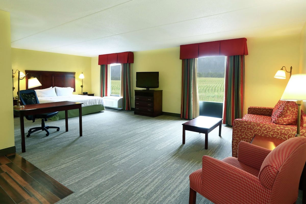 A hotel room with a bed, desk, chair, TV, and a view of the outdoors.