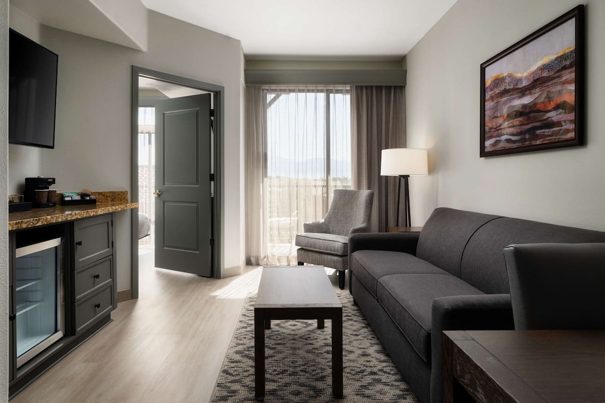 Une chambre d’hôtel moderne dotée d’une télévision à écran plat, d’un canapé, d’une machine à café et offrant une vue sur l’extérieur.
