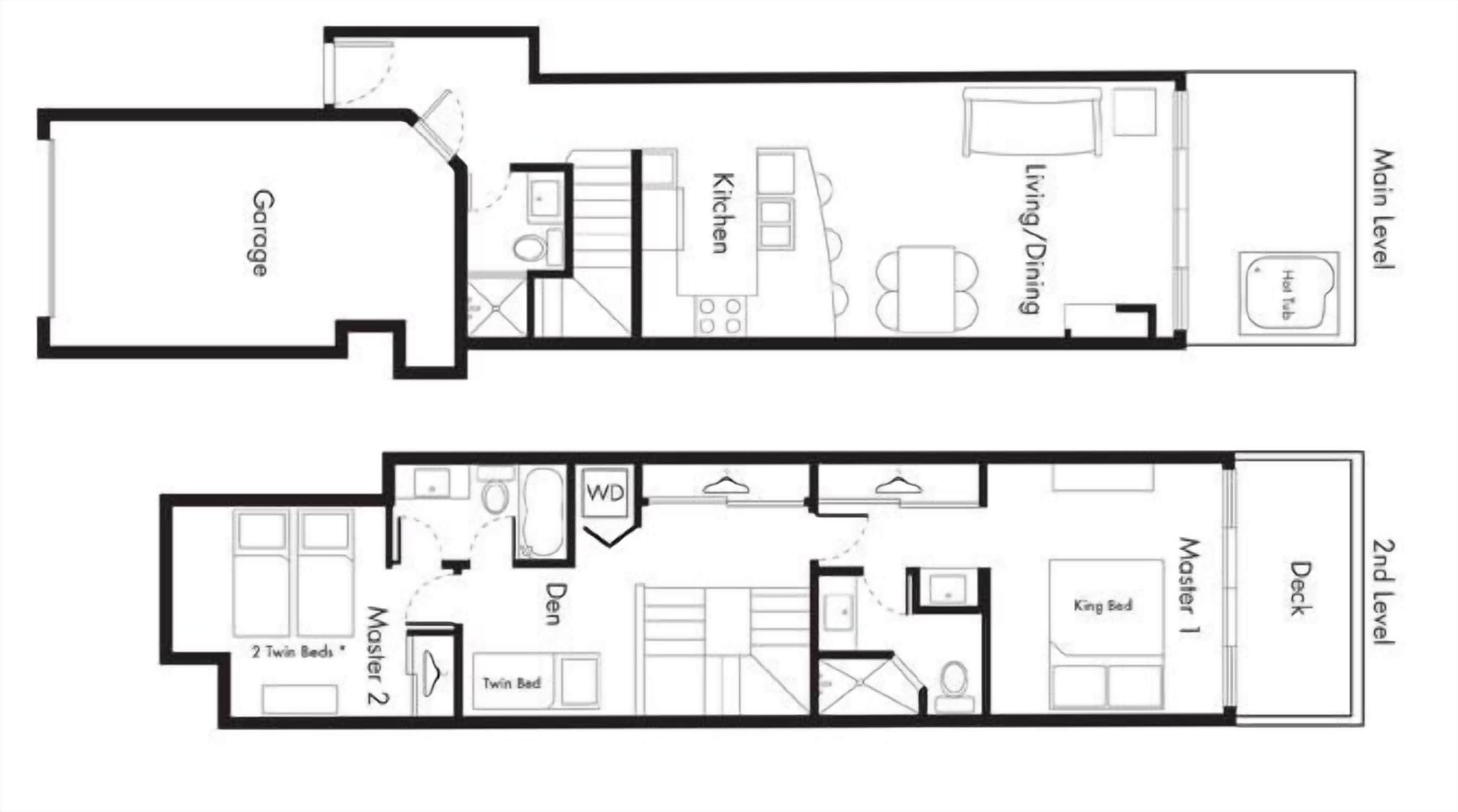 A hotel layout with a garage, kitchen, dining area, and multiple bedrooms including twin and master rooms.