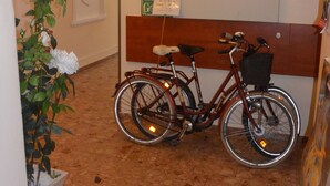 Een hal met een fiets tegen een muur, een bankje, een plant in pot en een schilderij van een landschap.