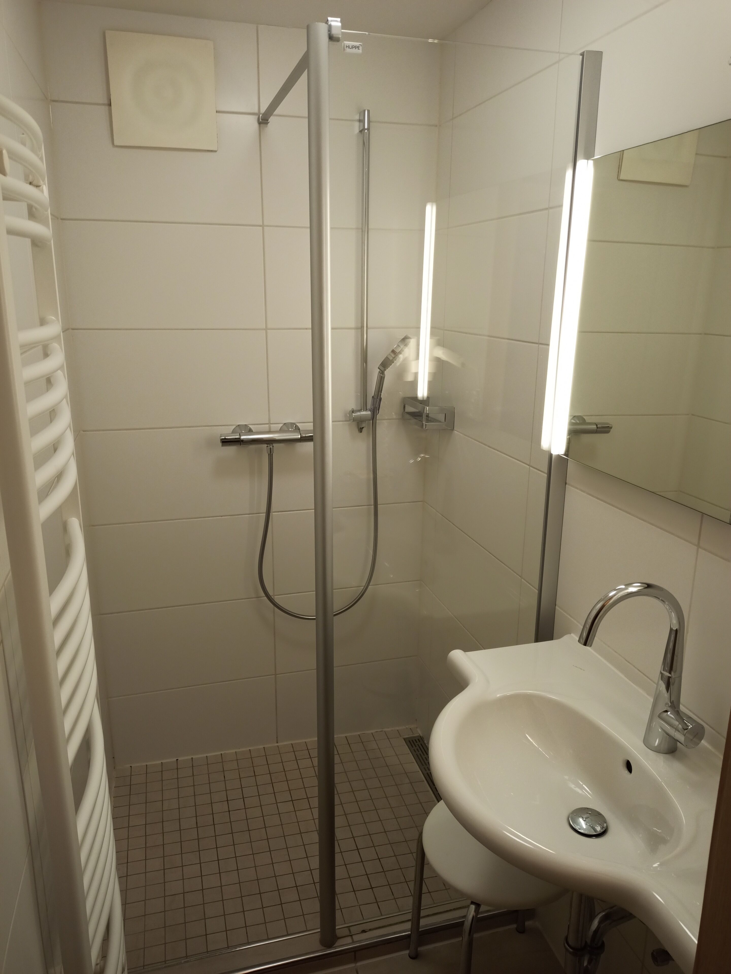 A modern bathroom with a glass-enclosed shower, a white sink, and a mirror.
