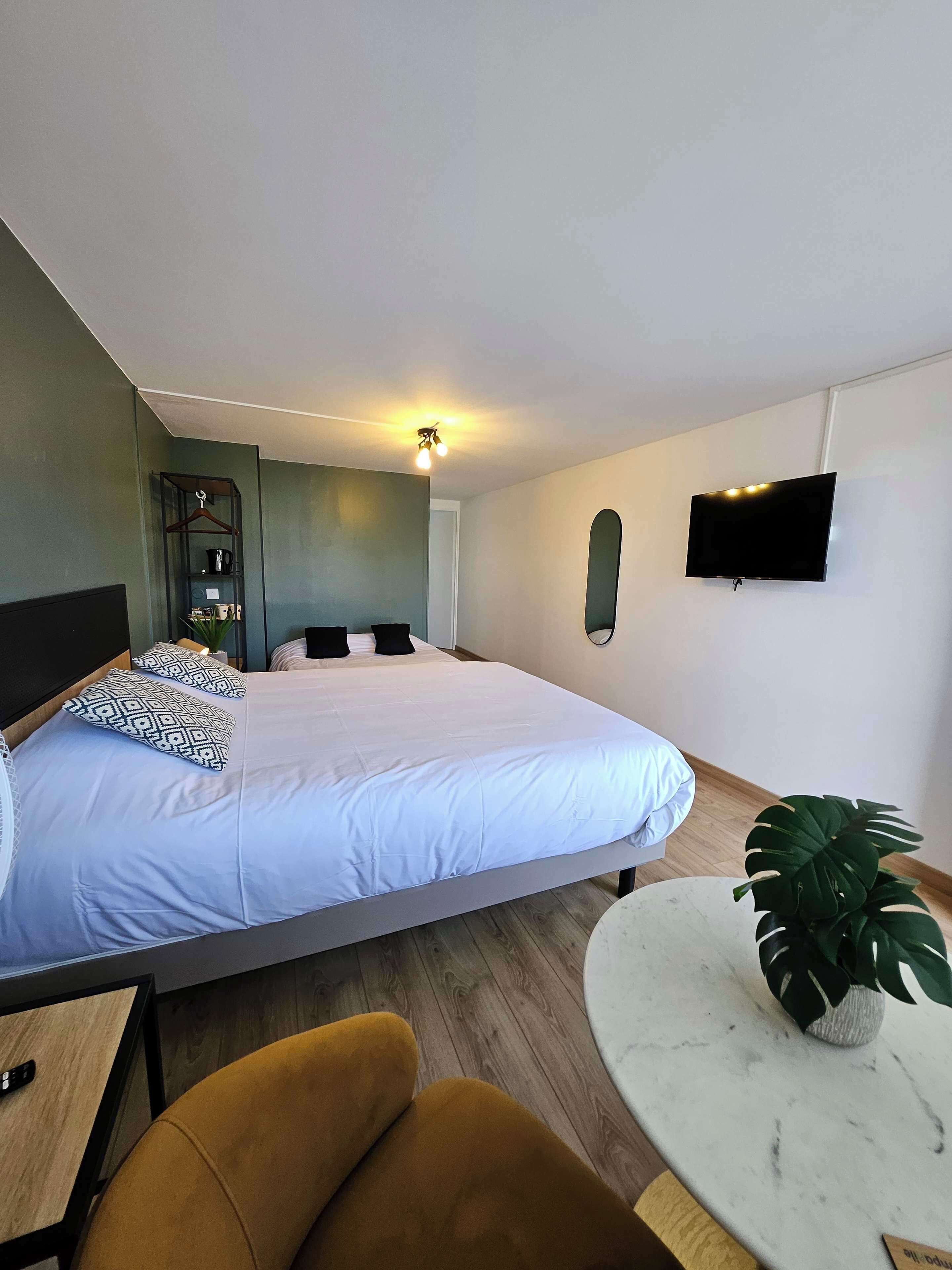 Una habitación de hotel moderna con una cama grande, un televisor de pantalla plana montado en la pared, una mesita redonda con una planta y una silla de madera.