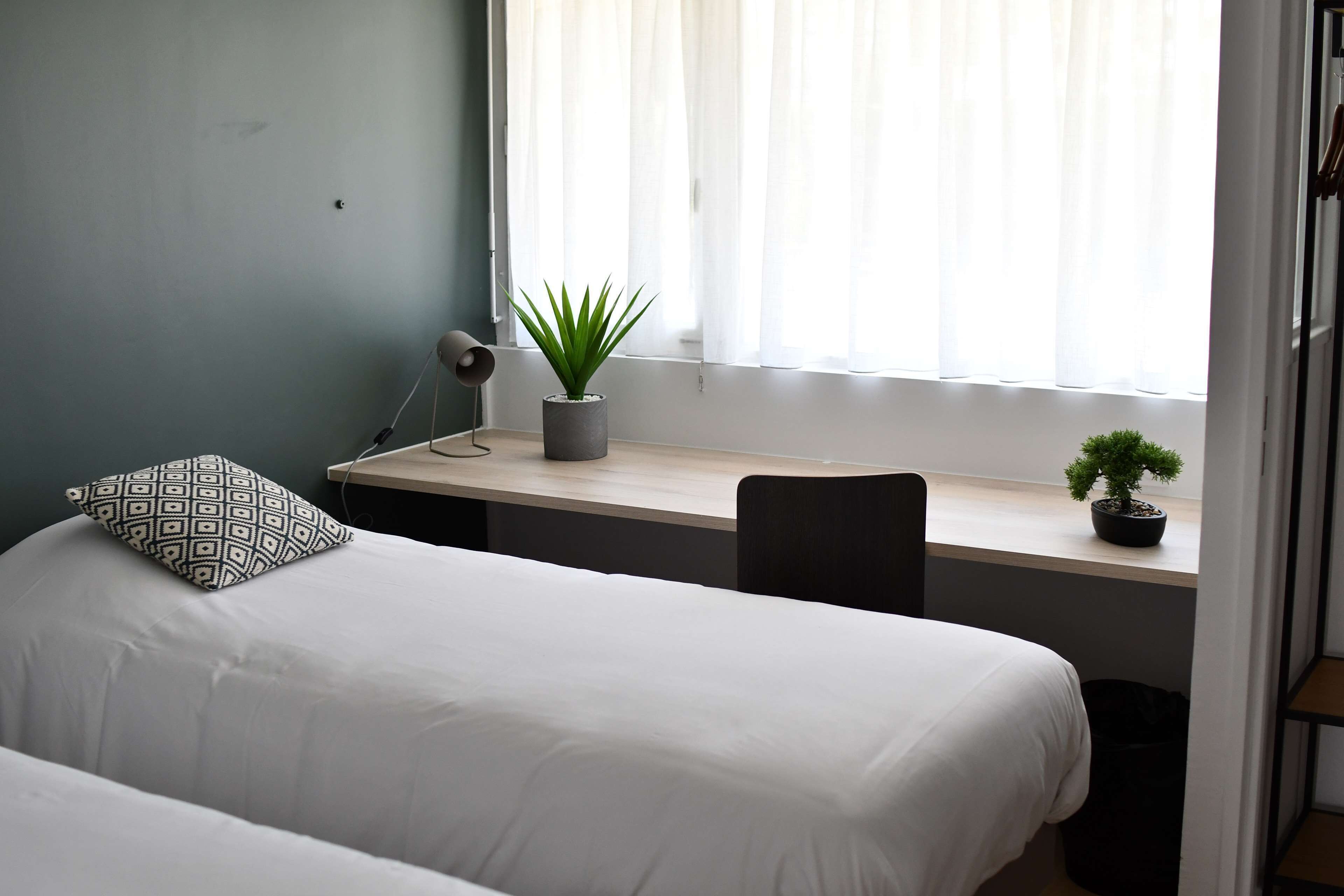 A bedroom with two beds, a desk, a chair, a potted plant, and a window with curtains.