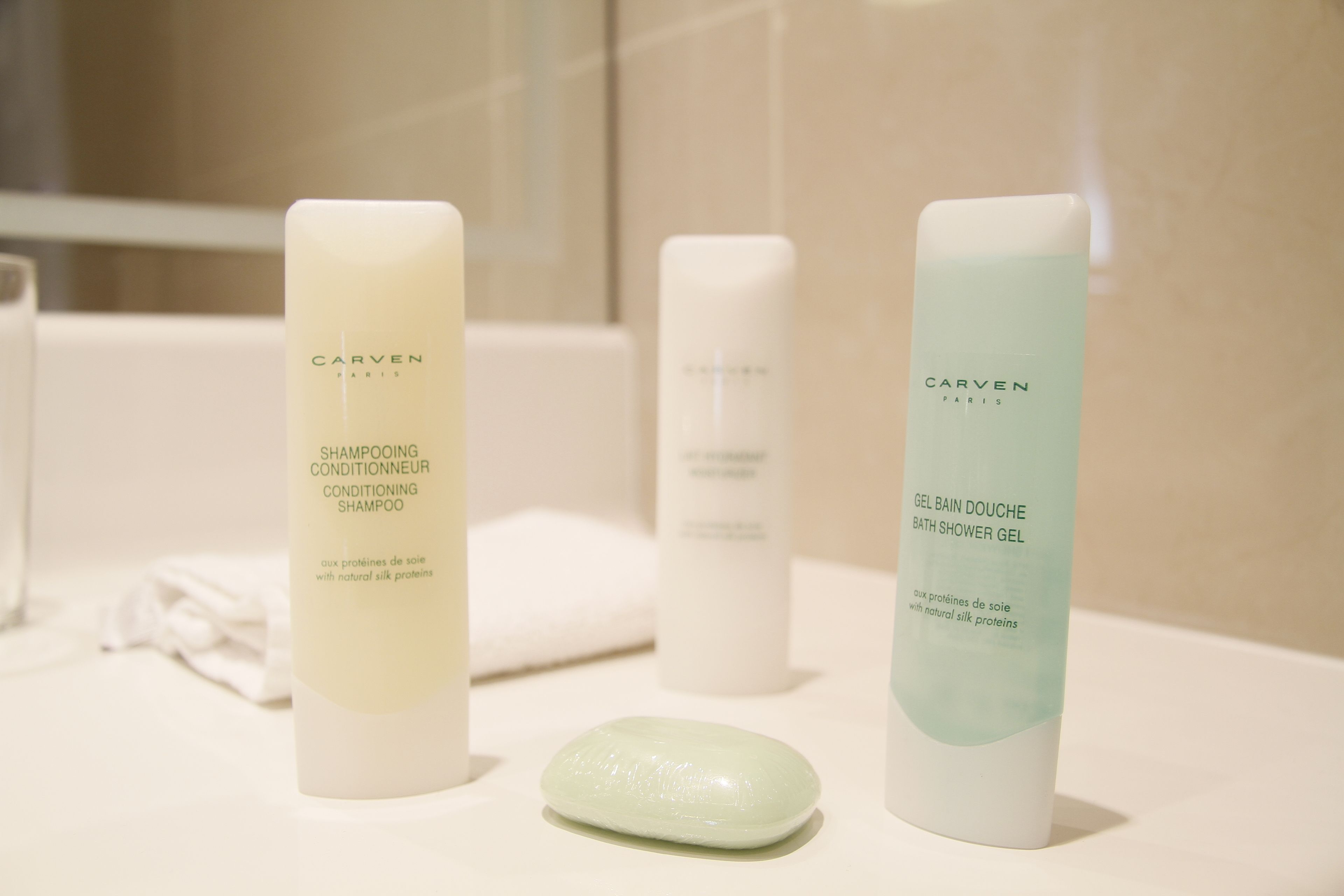 free toiletries, hair dryer, slippers, towels