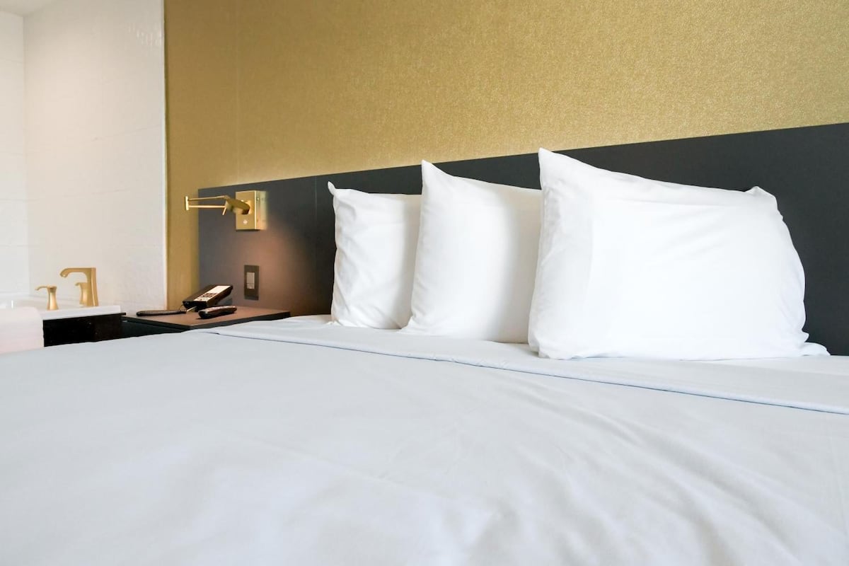 A hotel room with a large bed, white bedding, a black headboard, a bedside table with a phone and a lamp, and a wall-mounted light fixture.