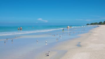 Nära stranden, vit sandstrand och strandhanddukar