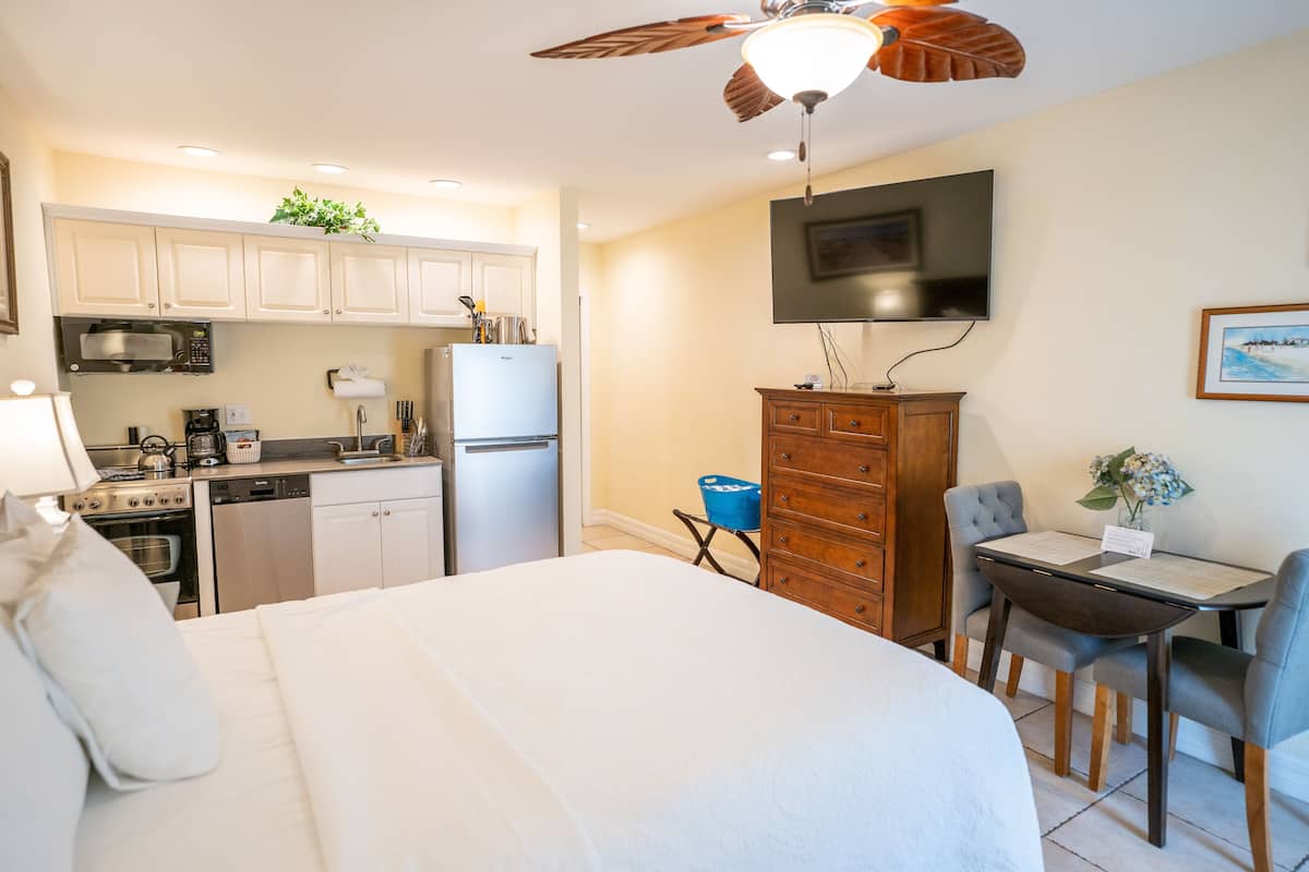 A hotel room with a bed, a desk, a chair, a television, a microwave, a refrigerator, and a ceiling fan.