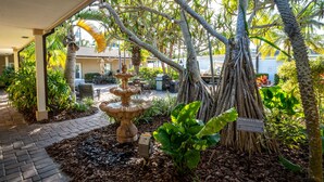 Un espacio al aire libre cubierto con una fuente de piedra, exuberantes plantas tropicales y un cartel que reza 'Pandanus Utilis'.