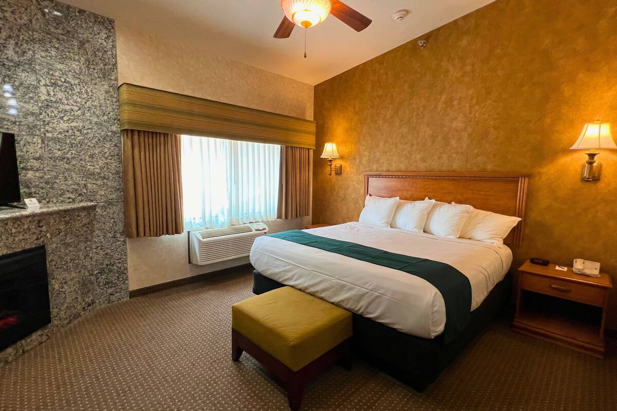 A hotel room with a bed, a television, a heater, a window with curtains, and a nightstand with a lamp.