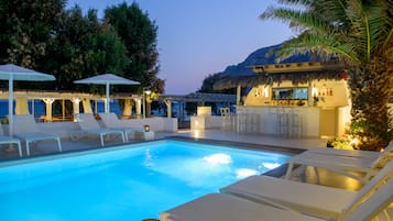 Outdoor pool, open 10:00 AM to 8:00 PM, pool umbrellas, sun loungers