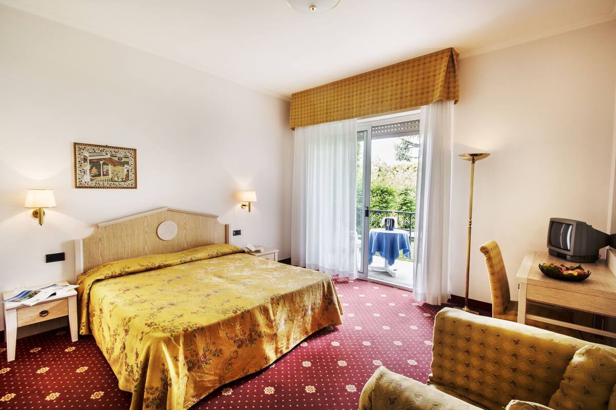 Een hotelkamer met een bed, een bureau, een stoel, een televisie en uitzicht op de omgeving.