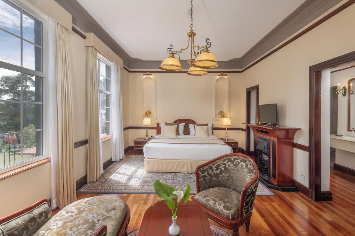A hotel room with a large bed, two bedside tables with lamps, a television, a fireplace, and a view of the outdoors.