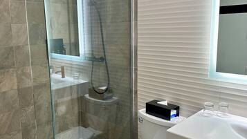 A modern bathroom with a glass-enclosed shower, a white toilet, and a sink with a mirror above it.