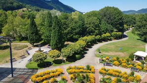 A park with pathways, benches, and flower beds.