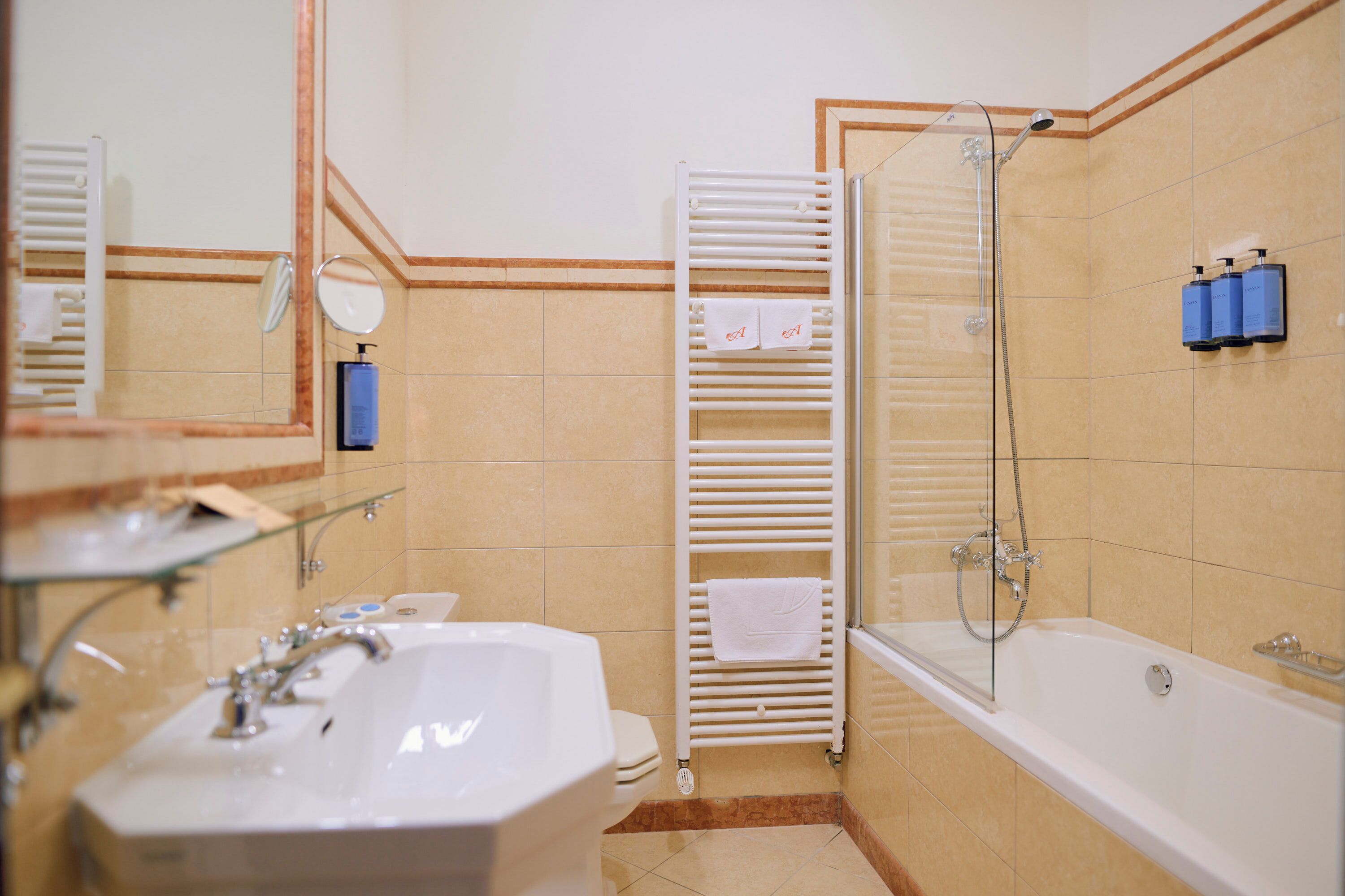 A bathroom with a sink, mirror, towel rack, shower, and toiletries.