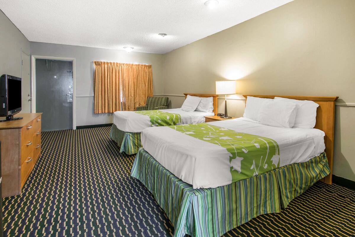 A hotel room with two beds, a TV, a desk, and a patterned carpet.