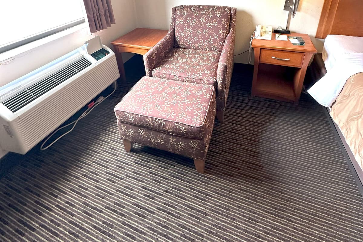 Individually furnished, desk, laptop workspace, iron/ironing board