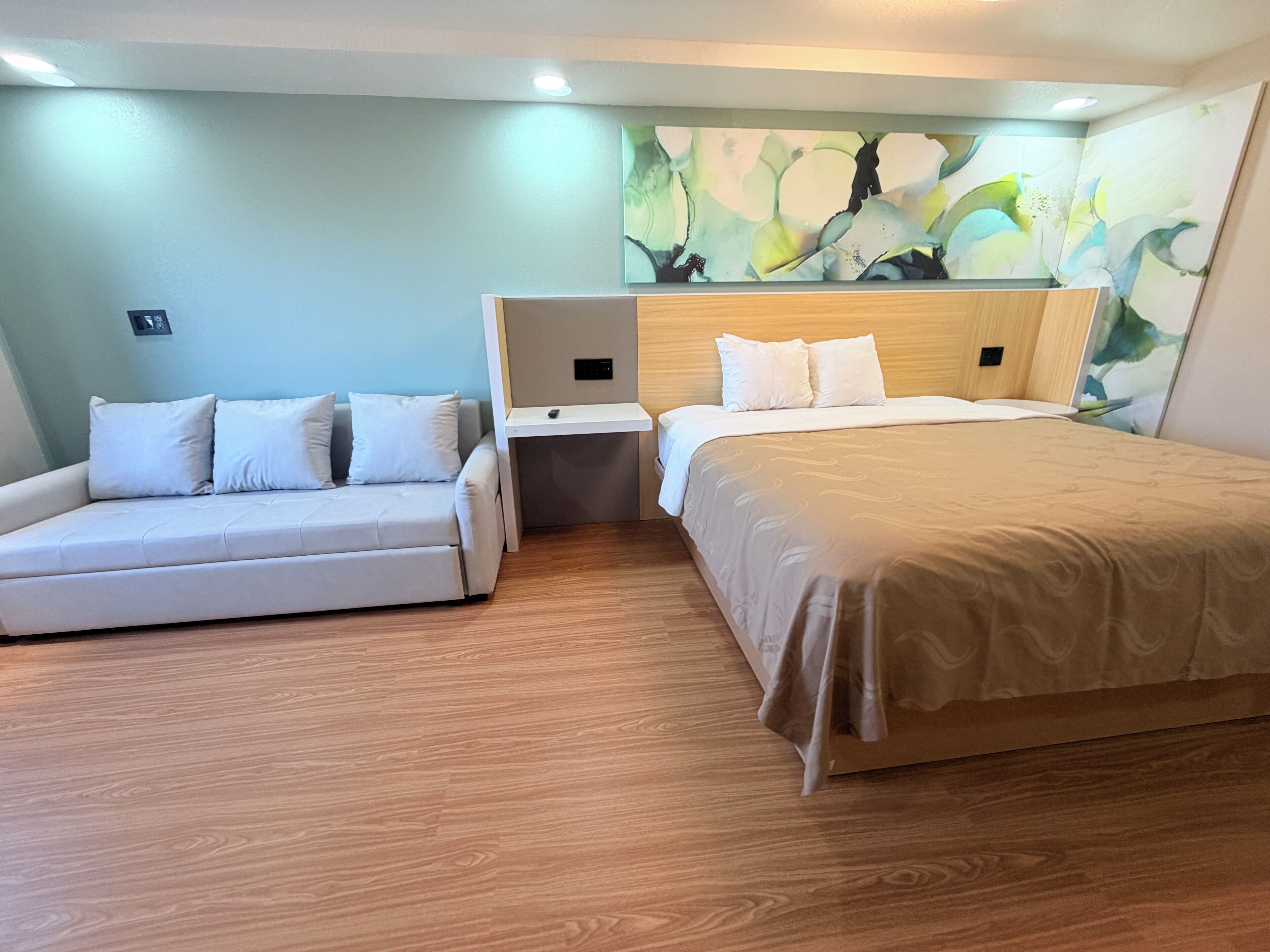 Individually furnished, desk, laptop workspace, iron/ironing board