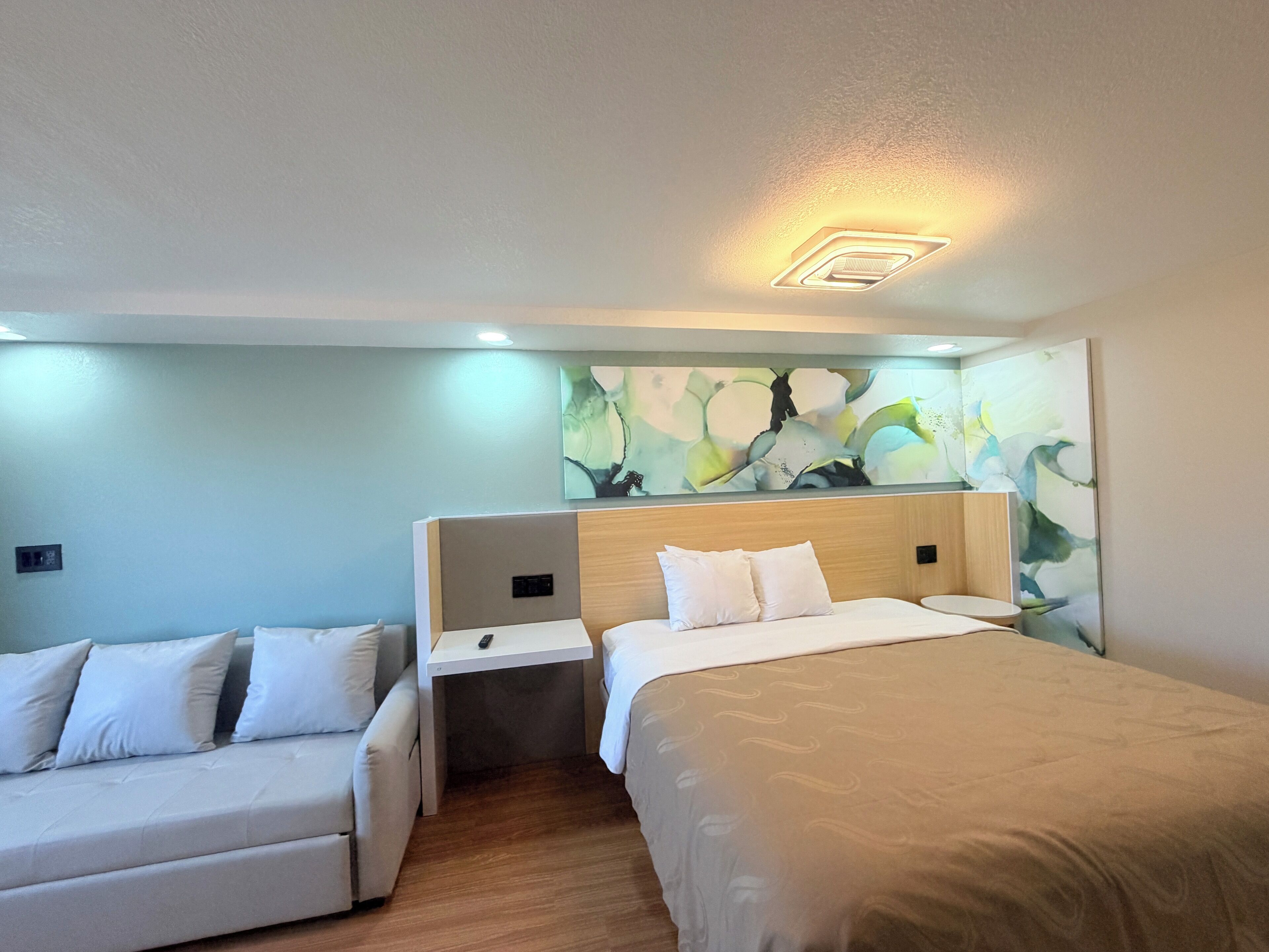 Individually furnished, desk, laptop workspace, iron/ironing board