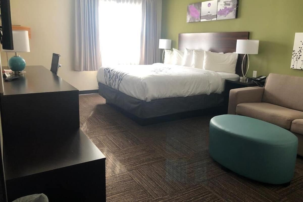 A hotel room with a bed, a desk, a chair, a sofa, and a small ottoman.